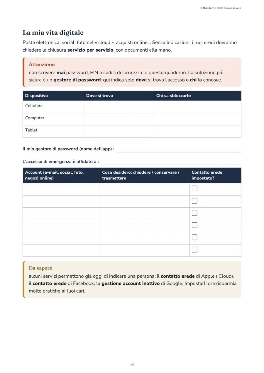 La sezione « La mia vita digitale », senza scrivere password